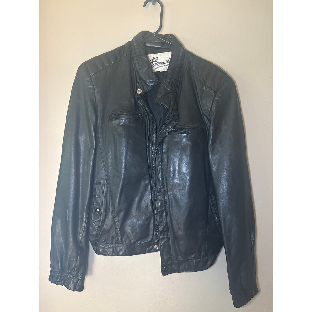 Vtg Berman's Classic Leather Black Motorcycle Jacket Size 40 Hidden Hood KOREA